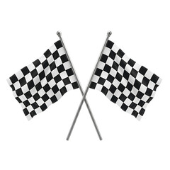 Fototapeta premium Two crossed checkered flags with a black and white pattern waving on silver poles against a black background