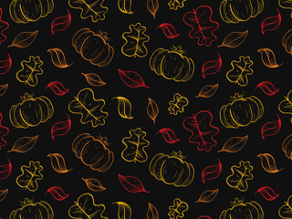 Pumpkin silhouette on black background seamless pattern. Autumn pumpkin background. Falling print harvest vegetables for paper, packaging, design, vector graphics
