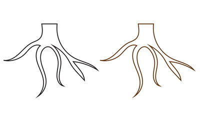 Black and brown tree root silhouette. Vector illustration showing two stylized tree root systems, one black and one brown, symbolizing nature, growth, and organic structure design.
