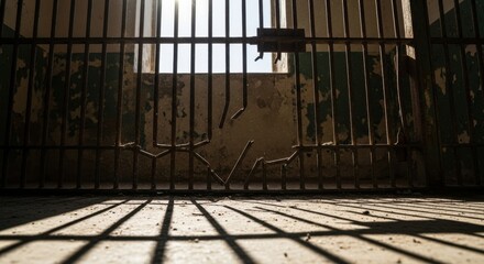 Prison Bars Shadowed Floor - Sunlight Through Grates, Confinement, Hope.