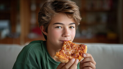 Young boy enjoying pizza indoors
