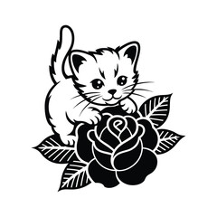 Obraz premium Cute Baby Kitten Playing on Black Rose Flower Vector Illustration