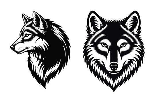 Two Wolf Head Profile and Face View Black and White Vector Illustration
