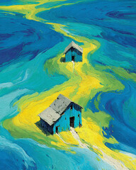 Serene Lakeside Homes Painting in Yellow and Blue, Reflecting Calm and Natural Beauty