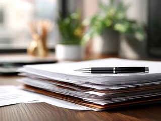 Top view of brown desktop with layered documents black pen and clean layout