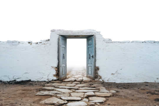 Open door in a white wall with a stone path leading into the unknown