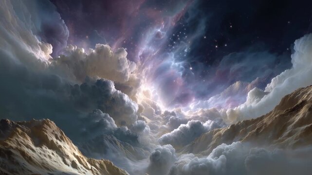Breathtaking view flying through a majestic canyon of clouds and mountains, revealing a beautiful, glowing celestial nebula and a deep, starry space sky with shimmering constellations