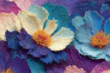 Close-up textured oil painting of vibrant blue and yellow flowers with intricate details and rich colors