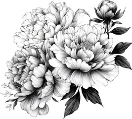 Blooming peony flower illustration, black and white botanical drawing, elegant detailed line