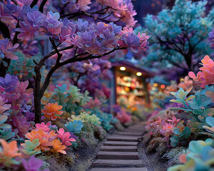 A serene garden path meanders through a vibrant wonderland, illuminated by fantastical, multicolored foliage and glowing blossoms, leading to a cozy, secluded dwelling at twilight