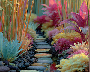 A tranquil and vibrant garden path featuring colorful exotic plants, smooth river stones, and a calming water feature, creating a serene natural landscape
