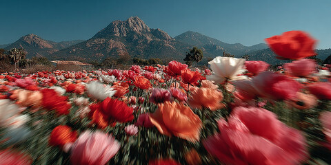 Field of Tulips in Bloom Under Majestic Mountains on a Sunny Day