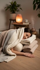 Obraz premium Peaceful Woman Sleeping in Cozy Bed with Ambient Candle Lighting