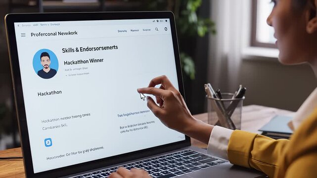 Woman Types and Clicks Add Skill on Laptop for Professional Network