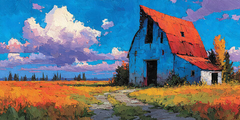 Rustic beauty of an antique blue barn with a vibrant red roof, standing proudly in an expansive golden meadow under a majestic, cloud-strewn blue sky