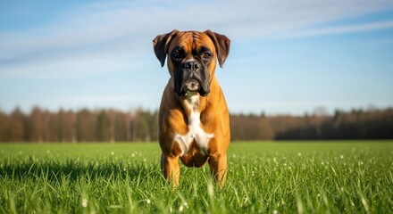 Alert Fawn Boxer Dog Standing Majestically in a Vibrant Green Field.
