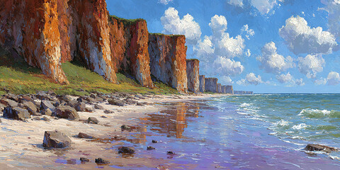 Scenic Coastal Landscape with Red Cliffs, Beach, and Ocean under a Sunny, Cloudy Sky in Summer