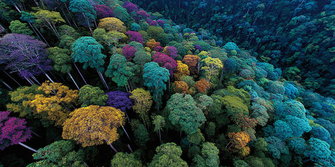 A breathtaking aerial view of a diverse forest canopy, showcasing a vibrant array of colorful trees in a natural landscape