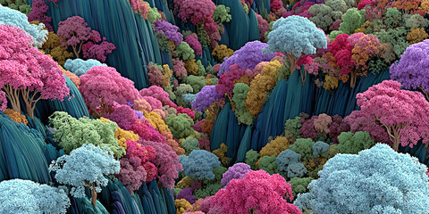 Colorful Forest Panorama An Artistic View of Fantasy Trees on Mountain Slopes