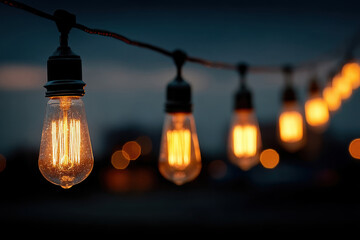 Close-up of outdoor garland with warm light against dark sky.