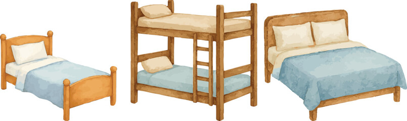 Collection of vector watercolor painted single bed, double bed and bunk bed
