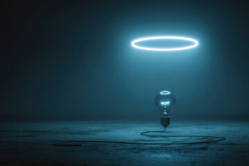 Futuristic blue neon glow above the light bulb, symbolizing technology and innovation.