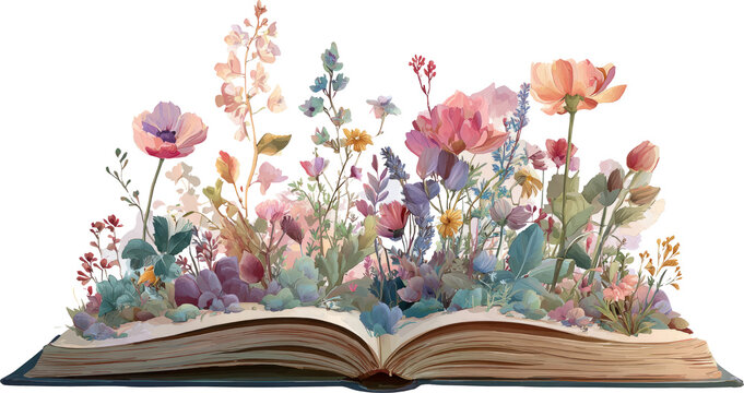 Open book wildflower botanical watercolor vintage dreamy narrative blooms unfold gently