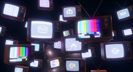 Aesthetic composition of floating CRT screens with colorful static and vintage logos in a dark futuristic room