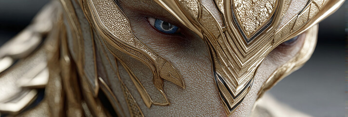 Close-Up of an Individual with Intricate Gold Headgear and Piercing Blue Eyes in Fantasy Character Design