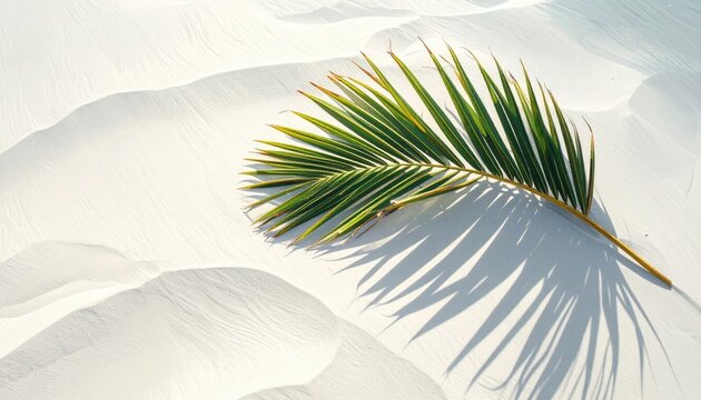 Close up of a single green palm frond casting a long shadow on rippled white sand dunes under warm natural sunlight