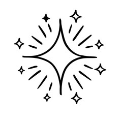 Hand-drawn sparkle or starburst icon in black and white line art with radiant lines and twinkling stars
