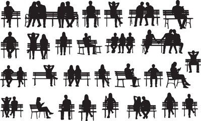 Silhouette vector set of people sitting on park benches isolated on transparent background.