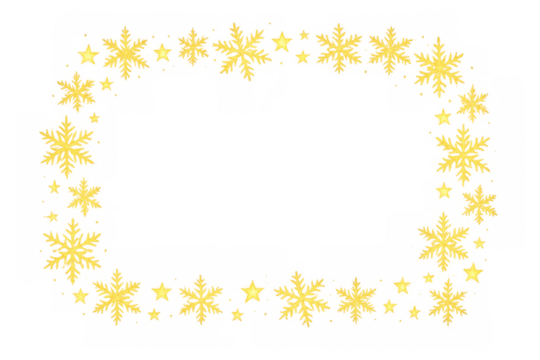 Golden glowing snowflake and star frame creating a festive winter and christmas season border on transparent background