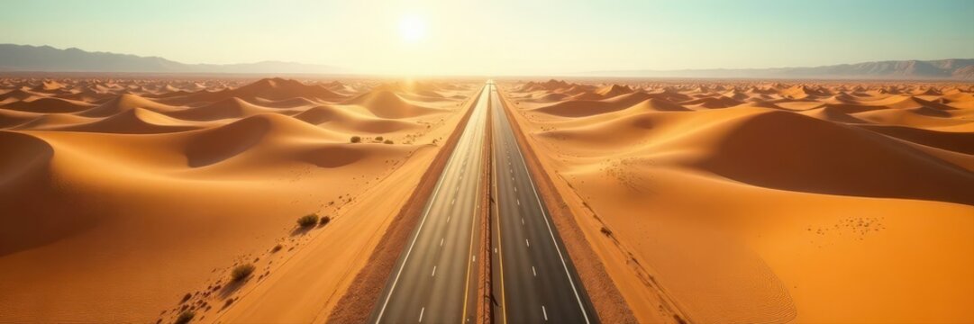 Empty desert highway, sun-baked sand, aerial view, wind, geography
