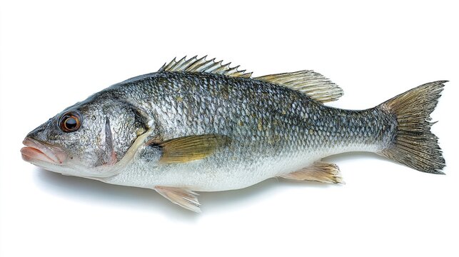 seabass. A fresh sea bass isolated on a white background, showcasing its detailed texture. menu design, packaging mockups, designed for culinary blogs and recipe cards for restaurants.