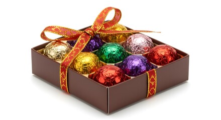Gift box of assorted colorful foil-wrapped chocolates tied with a festive ribbon on a white background.
