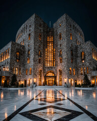 Fototapeta premium Architectural Marvel Captivating Night View of a Grand Stone Building with Illuminated Entrance, Exterior Design