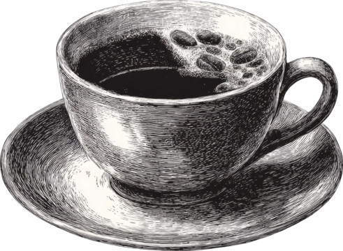 Coffee cup saucer vintage engraving hot steam foam beans black