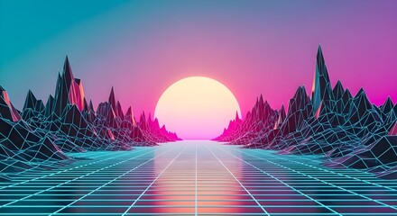 Futuristic sunset landscape with glowing grid and digital terrain