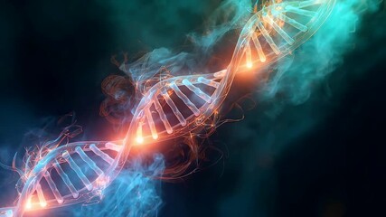 Glowing DNA double helix structure with luminous strands and molecular energy particles swirling in abstract scientific biotechnology concept - Powered by Adobe