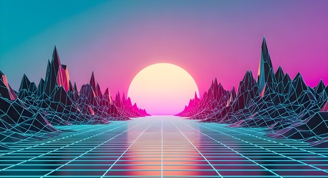 Futuristic sunset landscape with glowing grid and digital terrain