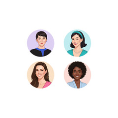 Modern diverse professional women avatars collection, smiling faces, distinct vector illustrations.