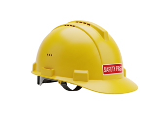 Yellow hard hat with "Safety First" label on white background.
