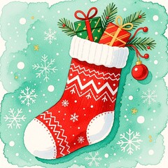 Festive watercolor christmas stocking with pattern, filled with gifts and pine sprigs, set against a snowy background.