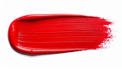 Red paint brushstroke with glossy texture and bristle detail on white background for editorial visual arts photography cosmetic decor and poetic intensity-themed visuals
