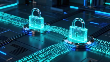 Digital locks connected by data streams, symbolizing cybersecurity and data protection.