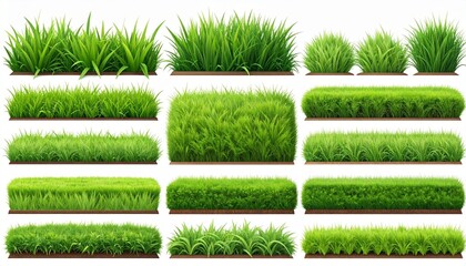 Set of four green grass illustrations with varied blade styles and density on white background for editorial environmental photography landscape design decor and poetic naturalism-themed visuals