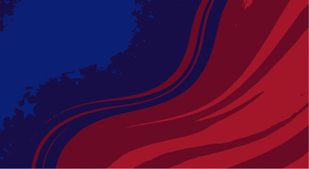 Abstract vector background featuring deep red flowing waves and lines on the right, contrasting with a dark blue upper-left corner with grunge texture and subtle stars for a patriotic look.