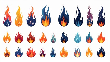 Set of 20 stylized flame icons with varied shapes, colors, and intensity for editorial digital design photography gaming UI decor and poetic ignition-themed visuals