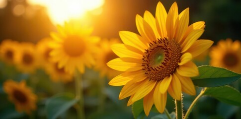 Obraz premium Golden sunflower, evening sun rays illuminate petals, floral, warm, sunset